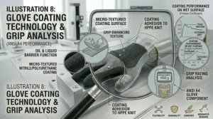 Detail of the reinforced thumb crotch area on ANSI A4 cut resistant gloves to increase durability and lifespan.