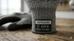 Close-up of a cut resistant glove showing the ANSI safety rating and material texture.