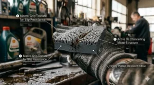 Sandy finish palm texture on work gloves for enhanced friction on slippery, oily surfaces.