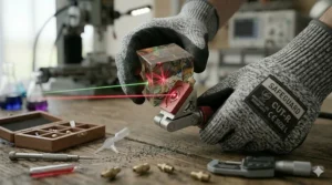 Personnel using cut resistant gloves to handle a light-refracting crystal cube during a laser experiment.