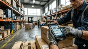 Illustration of a worker using a handheld scanner or tablet while wearing touchscreen-compatible warehouse gloves.