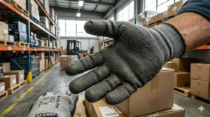 Close-up illustration of textured palm coating on work gloves for warehouse work to prevent slipping.