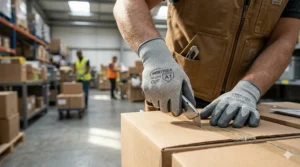 Worker using ANSI A1 cut resistant gloves for safe box cutting and warehouse packaging tasks.