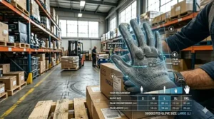 A clear measurement guide for choosing the correct size of work gloves for warehouse work.