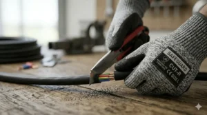 Close-up of cut resistant gloves being used to safely strip a thick electrical cable with a utility knife.