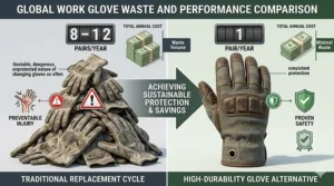 Infographic comparing the annual cost and waste of cheap gloves versus a single pair of the most durable work gloves over a 12-month period.