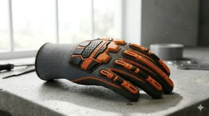 A photorealistic 4K macro illustration of a grey and orange ANSI A8 cut resistant glove's backhand, highlighting the Thermo-Plastic Rubber (TPR) segmented impact protection guards on knuckles and fingers.