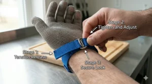 Diagram showing the adjustable textile wrist strap on a metal mesh cut glove for a secure fit.