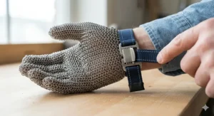 Close-up of the adjustable nylon wrist strap on a steel mesh glove for a secure and comfortable fit.
