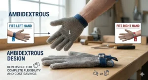 Illustration demonstrating the reversible ambidextrous design of a steel mesh cut resistant glove fitting both left and right hands.
