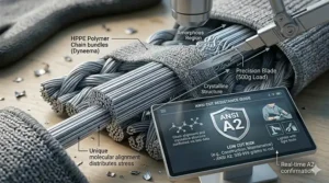An infographic explaining ANSI A2 cut resistance for HPPE gloves used in light material handling.