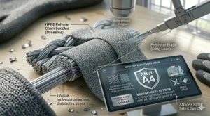 Technical diagram highlighting ANSI A4 protection levels for medium-duty HPPE cut-resistant gloves.