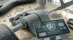 Illustration of heavy-duty HPPE gloves meeting ANSI A6 standards for sharp metal and glass handling.