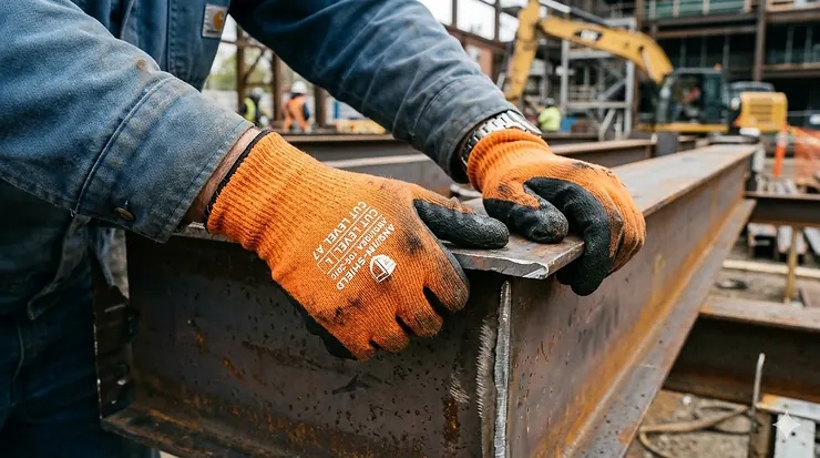 Professional worker wearing high-visibility ANSI A7 cut resistant gloves for heavy-duty protection against sharp metal.