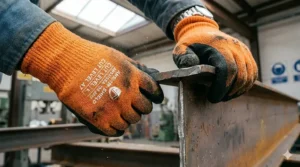 Close-up of a worker's hands in ANSI A7 gloves gripping a sharp industrial steel I-beam to demonstrate cut protection.
