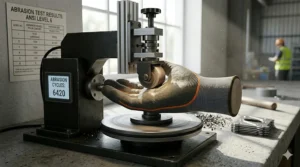 A photorealistic 4K technical illustration capturing an ANSI ISEA 105 automated abrasion resistance test in progress on a worn grey and orange knit ANSI A8 cut resistant glove with a digital counter.