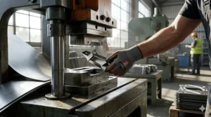 A photorealistic 4K close-up of a worker's hands, protected by grey and orange ANSI A8 cut resistant gloves, safely extracting a sharp-edged metal automotive part from a heavy industrial stamping press.