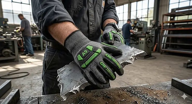 A pair of high-performance ANSI A9 cut resistant gloves providing maximum protection against extreme blade hazards.