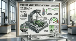 Technical diagram showing the 6000+ gram weight capacity required for the ANSI A9 cut resistance rating.