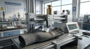 Technical diagram showing the ANSI/ISEA 105-2016 weight-bearing test used to determine an A6 cut level rating.