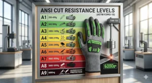 A comparison chart showing ANSI cut levels from A1 to A9 with a focus on A9 extreme hazard protection.