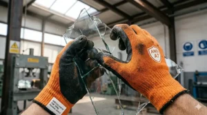 A photorealistic comparison of ANSI cut levels showing A7 rating for maximum protection against sharp glass hazards.