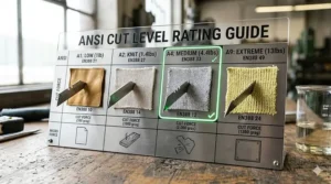 Comparison chart showing different ANSI cut levels for Kevlar protective eyewear and gloves.