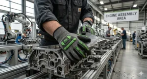 Illustration of ANSI A9 cut resistant gloves being used in a high-risk automotive manufacturing environment.