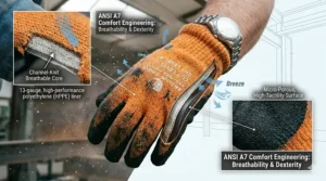 Technical cutaway showing the breathable HPPE liner and moisture-wicking core of an ANSI A7 cut resistant glove.