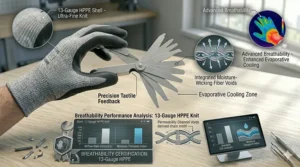 A cutaway illustration demonstrating the moisture-wicking and breathable properties of a 13-gauge HPPE shell.