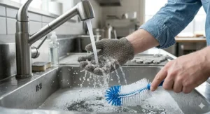 Stainless steel mesh glove being washed under a faucet to demonstrate ease of cleaning and hygiene.