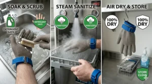 Step-by-step illustration of sanitizing metal mesh cut gloves in a commercial dishwasher.