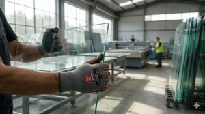 A photorealistic 4K close-up of a worker's hands, protected by grey and orange ANSI A8 cut resistant gloves, safely handling a large, thick pane of newly cut float glass in a heavy-duty manufacturing facility.
