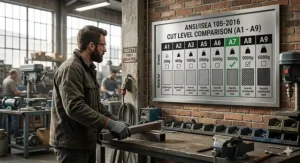 Comparison chart showing the grams of cutting pressure required for ANSI cut levels A1 through A9.