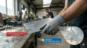 Illustration of a worker using Dyneema gloves to safely handle sharp sheet metal in a factory setting.