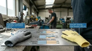 A side-by-side comparison illustration of Dyneema and Kevlar properties for cut-resistant hand protection.