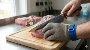 Icon illustration representing FDA-compliant food grade metal mesh gloves for butcher and kitchen use.