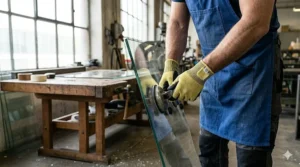Illustration of a worker handling sharp glass panes using reinforced Kevlar cut resistant gloves.