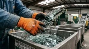 Industrial worker safely handling sharp, jagged glass shards using ANSI A7 cut resistant gloves in a recycling facility.