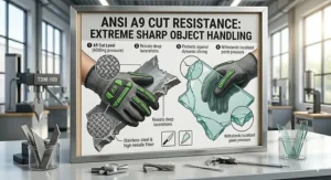 Illustration of worker using ANSI A9 cut resistant gloves to safely handle sharp sheet metal and glass.