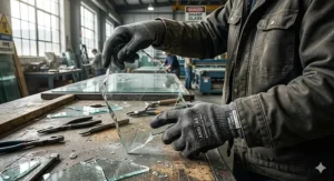 Close-up illustration of heavy-duty safety gloves designed for handling sharp glass shards with ANSI A6 protection.