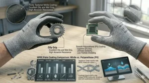 Comparison illustration showing polyurethane and nitrile palm coatings on HPPE cut-resistant gloves.