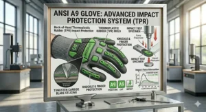 Diagram highlighting the back-of-hand TPR impact protection on heavy-duty ANSI A9 gloves.
