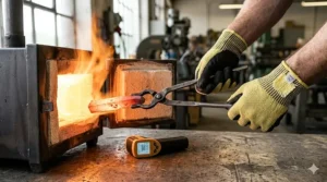 Illustration showing the thermal protection properties of Kevlar cut resistant gloves in high-heat environments.