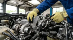 A mechanic wearing Kevlar cut resistant gloves while handling sharp metal engine parts.