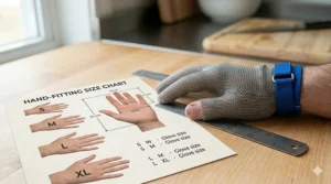 Illustration showing how to measure hand width for the correct fit of metal mesh cut gloves.