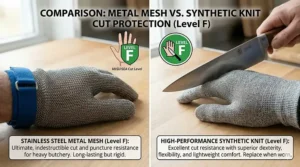 Comparison chart highlighting the superior level F cut resistance of metal mesh gloves versus synthetic fibers.