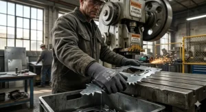 Industrial safety illustration of a worker using ANSI A6 cut gloves during a high-risk metal stamping process.