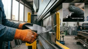 Industrial hydraulic press brake operation featuring a worker protected by ANSI A7 rated cut resistant gloves.