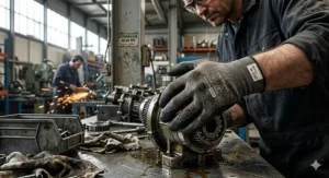 Macro view of a sandy nitrile palm coating providing superior grip and ANSI A6 cut resistance in oily conditions.